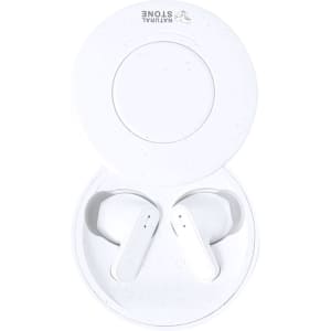 White wireless earbuds inside a round charging case, featuring a minimalist design and a logo on the lid.
