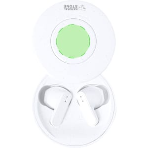 White earbuds in a matching circular case, featuring a logo and a light green design element inside.