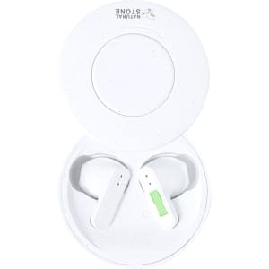 A pair of white earphones with a green accent, enclosed in a round, speckled charging case featuring a logo.