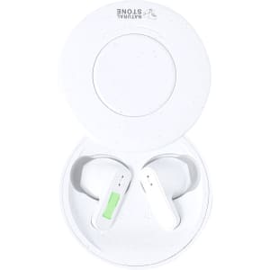 White Bekery earphones displayed in a circular case, featuring a green accent and a logo on the lid.