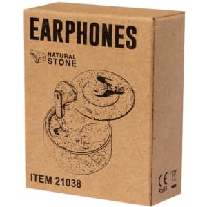 A brown cardboard box containing Bekery Earphones, featuring a minimalist design and a natural stone aesthetic.