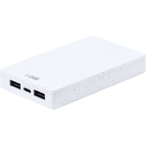 A white power bank with a speckled design, featuring multiple charging ports and a logo.