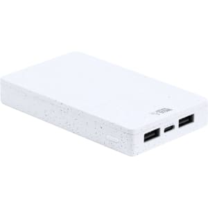 A white power bank featuring multiple USB ports and a minimalist design. It has a logo on the side.