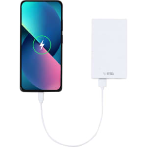 A white Noiman power bank connected to a smartphone, displaying a charging symbol on the screen.