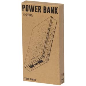 A power bank in a brown cardboard box featuring a speckled design and multiple USB ports. It includes a logo.