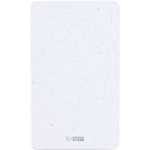 A white power bank with a speckled design, featuring a logo on the front.