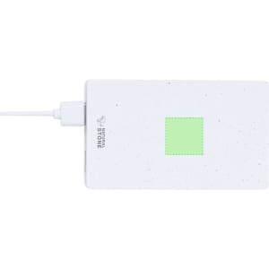 A power bank in white with a textured surface, featuring a small green charging indicator and a connected cable.