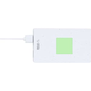 A white power bank with a textured surface and a green charging indicator. It has a cable connected for charging.