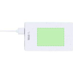 A white power bank with a green charging indicator feature, connected by a white cable. It includes branding.