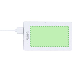 A white power bank with a green charging area and a connected cable, featuring a logo on the side.