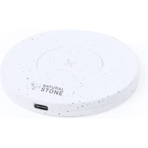 A white wireless charger with a speckled design and a USB-C port, featuring a logo.