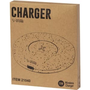 A wireless charger in natural stone design, packaged in a brown box with black text and a simple logo.
