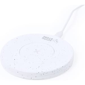 A white wireless charger with a speckled design and a connected cable. It features a logo on the surface.