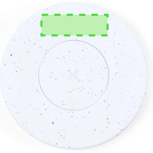 A white wireless charger with a speckled design and a central charging area. It includes a logo.
