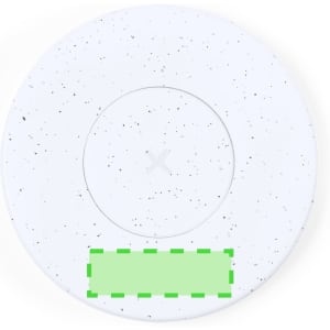 A round white wireless charger with a speckled design and a central charging area, featuring a logo.
