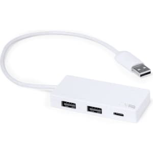 A white USB hub with three USB ports and a USB-C connection cable. Features a minimalist design with a branding logo.