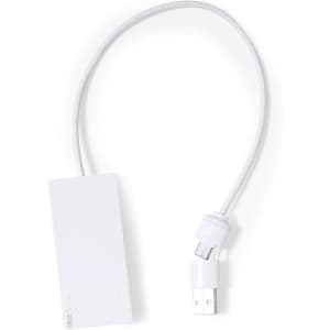 A white USB hub with a flexible cable, featuring a simple rectangular design and a logo on the surface.