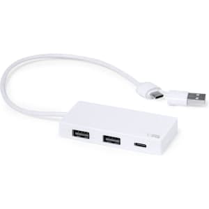 A white USB hub with two standard USB ports and one USB-C port, featuring a cable for connection.