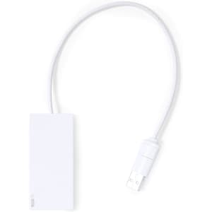 A white USB hub with a short connecting cable, featuring a logo on the body.