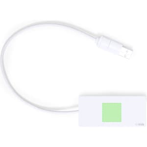 A white USB hub with a green section and a cable attached. It features a logo on the surface.