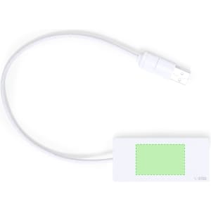 A white USB hub with a light green panel and a connecting cable. Features a logo on the hub.