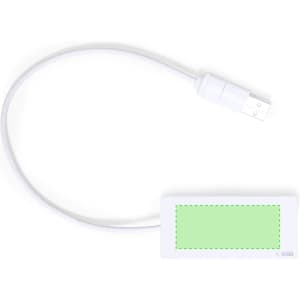 A white USB hub with a flexible cable attached, featuring a blank green label area.