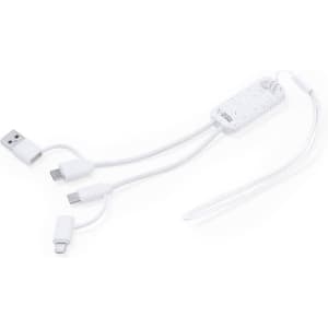 A white charging cable with multiple connectors, featuring a textured body and a branding logo.