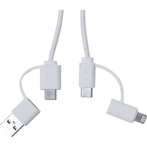 A charging cable with a white speckled design featuring USB and two different connectors. It also has a logo.