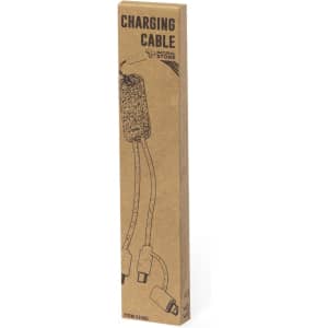 A charging cable in a brown cardboard packaging with a natural stone texture design. It features a logo.