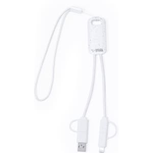 A white charging cable with a dual connector, featuring a textured handle and a branding logo.