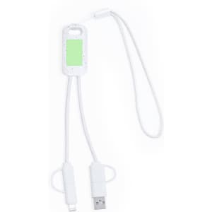 A white charging cable featuring a green tag and a loop, with connectors for different devices.