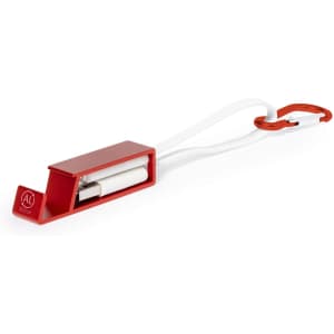 A red multifunction charging cable with white cables and an attached clip for convenience.