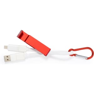 A red multifunction charging cable with a carabiner clip and white connectors for various devices.