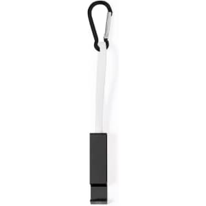 A multifunction charging cable in black and white, featuring a carabiner for easy attachment.