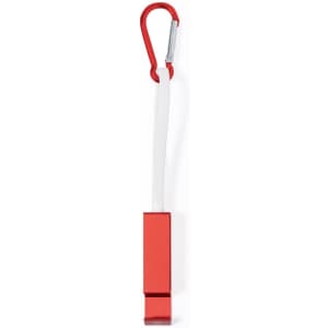 A red multifunction charging cable with a white connector and a carabiner attachment.