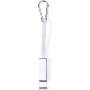 A multifunction charging cable with a white strap and a metal carabiner clip, featuring a simple design.