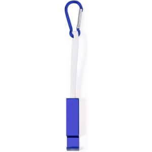 A blue multifunction charging cable with a white connector and a metal carabiner clip.