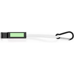 A multifunction charging cable in black and white, featuring a carabiner clip and a small branding area.