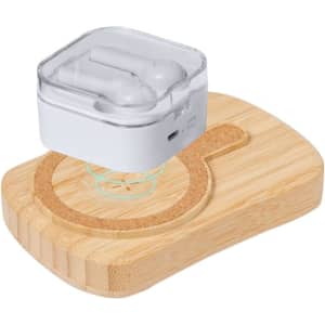A power bank with a wooden base and a transparent case for earbuds on top. It features a logo and a light colour scheme.