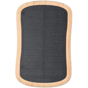 A power bank with a bamboo frame and a textured black surface, featuring a logo.