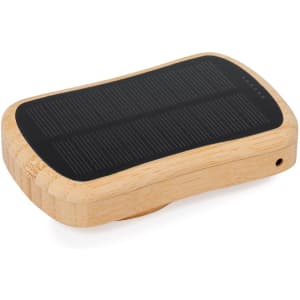 A wooden power bank with a solar panel surface, featuring a sleek, curved design in natural tones.