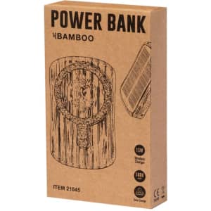 A power bank with a bamboo design in a natural colour, featuring wireless charging capabilities and eco-friendly elements.