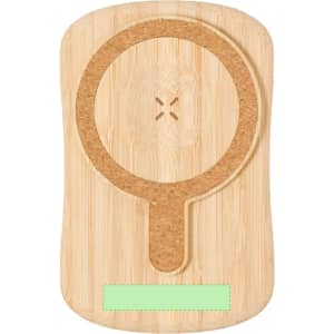 A bamboo power bank with a cork surface and a circular indentation, featuring a branding area at the bottom.