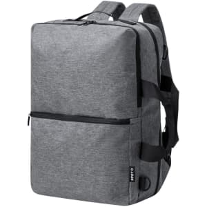A grey backpack with adjustable straps, featuring multiple compartments and a logo. Ideal for carrying documents and laptops.