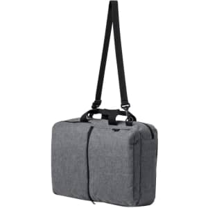 A grey backpack laptop bag with adjustable straps and a sleek design, featuring a logo.