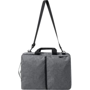 A grey document bag backpack with a detachable shoulder strap and two top handles, featuring a branding logo.