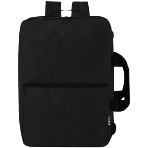 A black Makarzur Document Bag Backpack featuring straps and a front pocket, with a logo on the side.