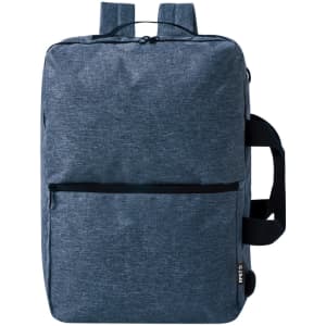 A dark blue laptop bag backpack with two straps, a front pocket, and a zipper closure, featuring a logo.