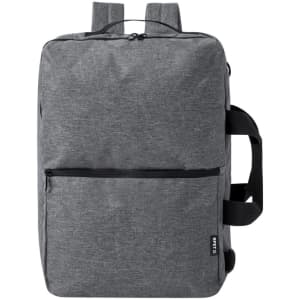 A grey Makarzur Document Bag Backpack with multiple compartments and a side handle, featuring a branding logo.