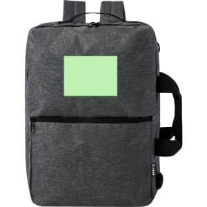 A grey document bag backpack with adjustable straps and a blank area for branding. It features multiple compartments.